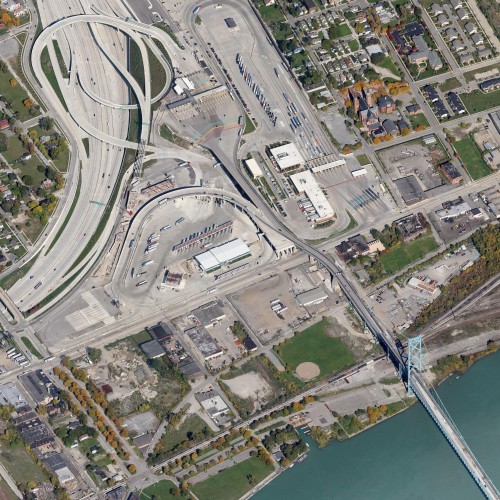 The Google View of the U.S. Customs Service Port in Detroit, and the Ambassador Bridge